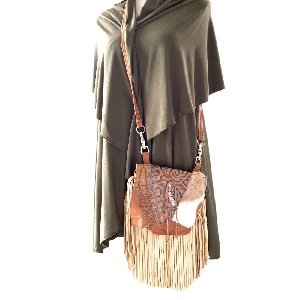 Genuine Exotic Leather Crossbody Shoulder Bag, Tan Brown, Handmade USA